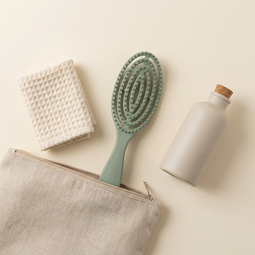 Sage green Glidura brush with a travel pouch and bottle, flatlay