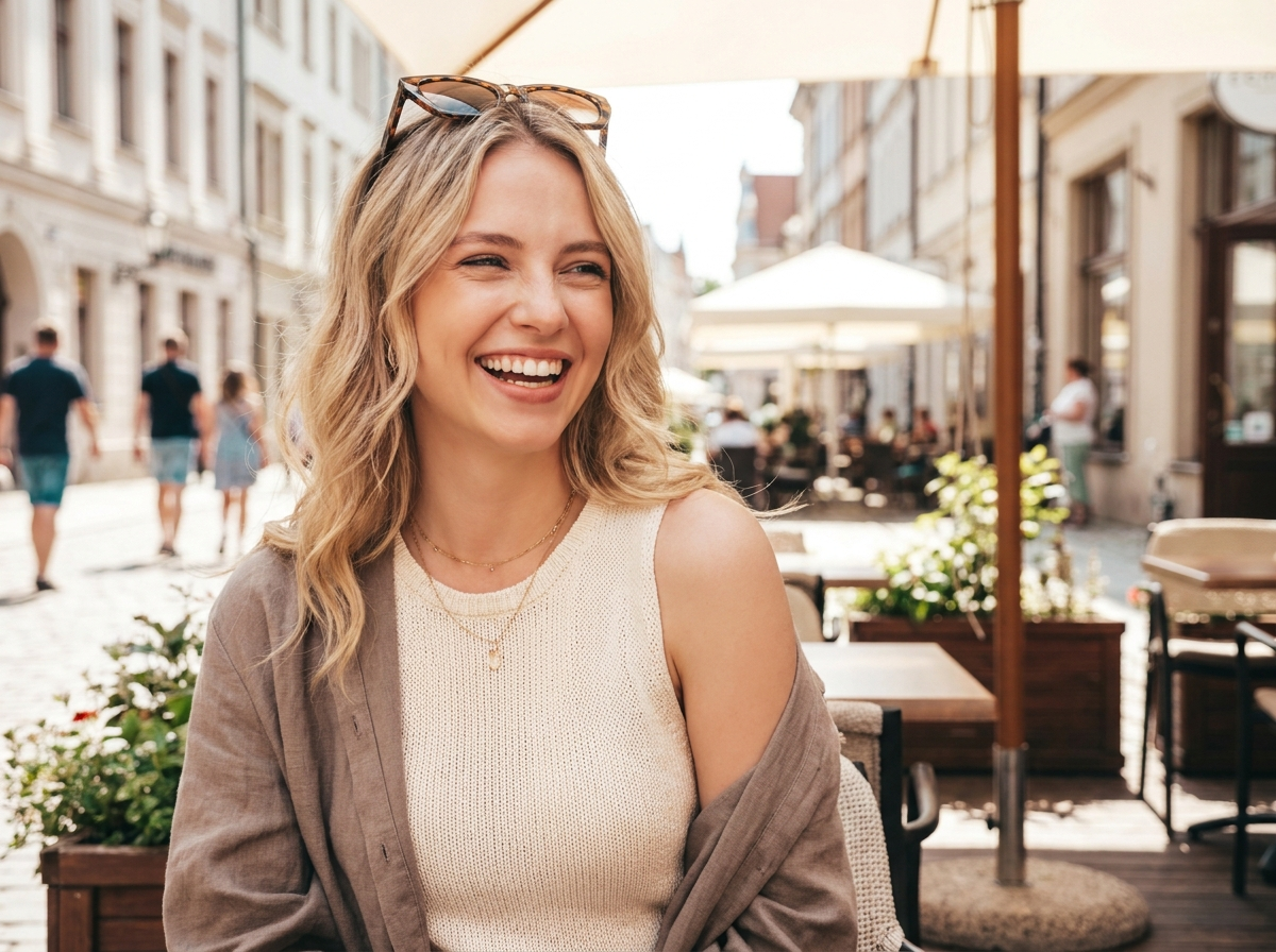 Woman laughing at an outdoor café
