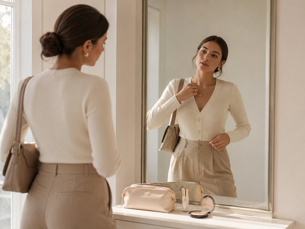 Woman checking her outfit in a mirror with a small vanity pouch nearby