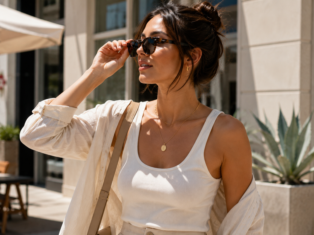 Woman adjusting her sunglasses on a sunny street