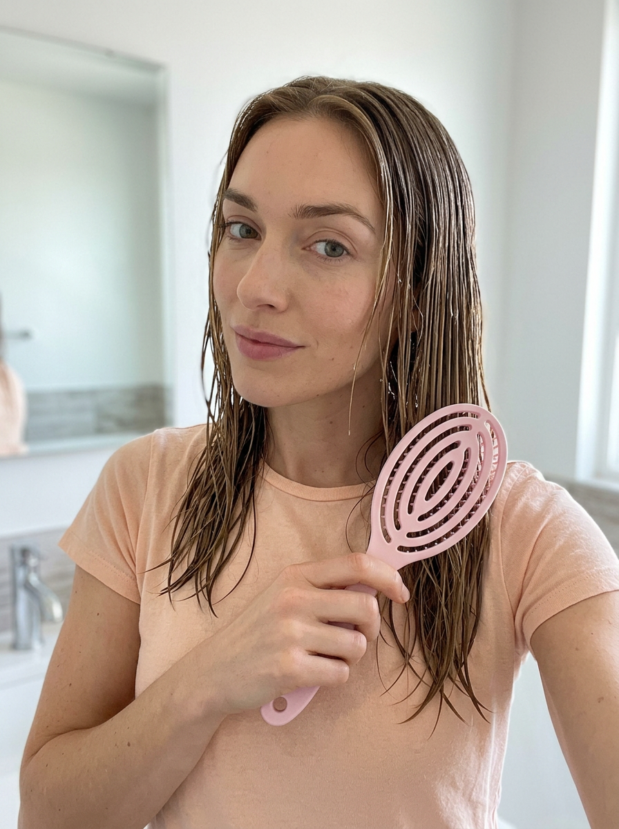 Brushing wet hair with the pink Glidura brush, open vented back