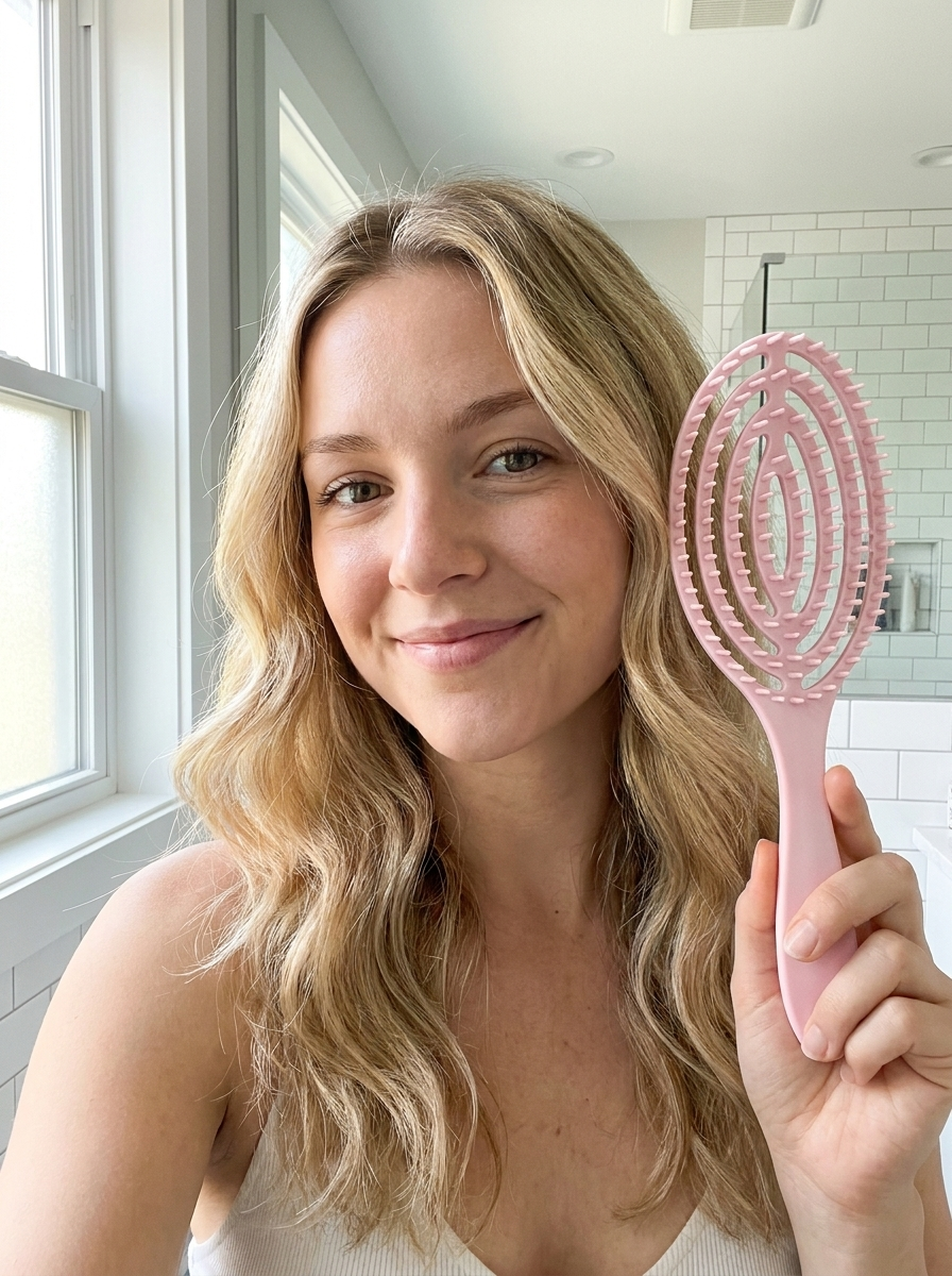 Person holding the pink Glidura scalp massage brush