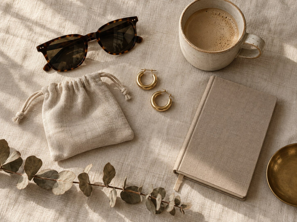 Sunglasses, gold hoops, a linen pouch, notebook, and coffee on linen