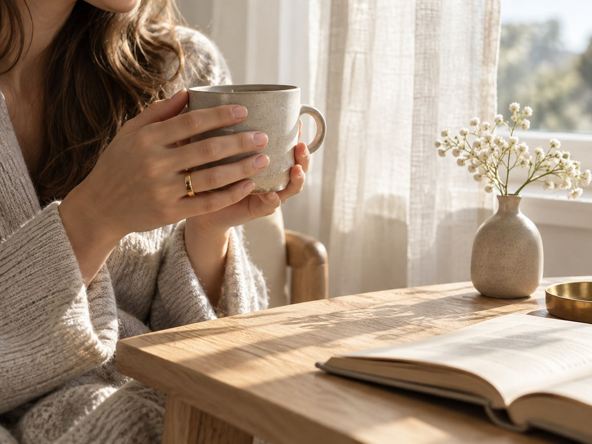 Hands holding a ceramic mug by a sunlit window